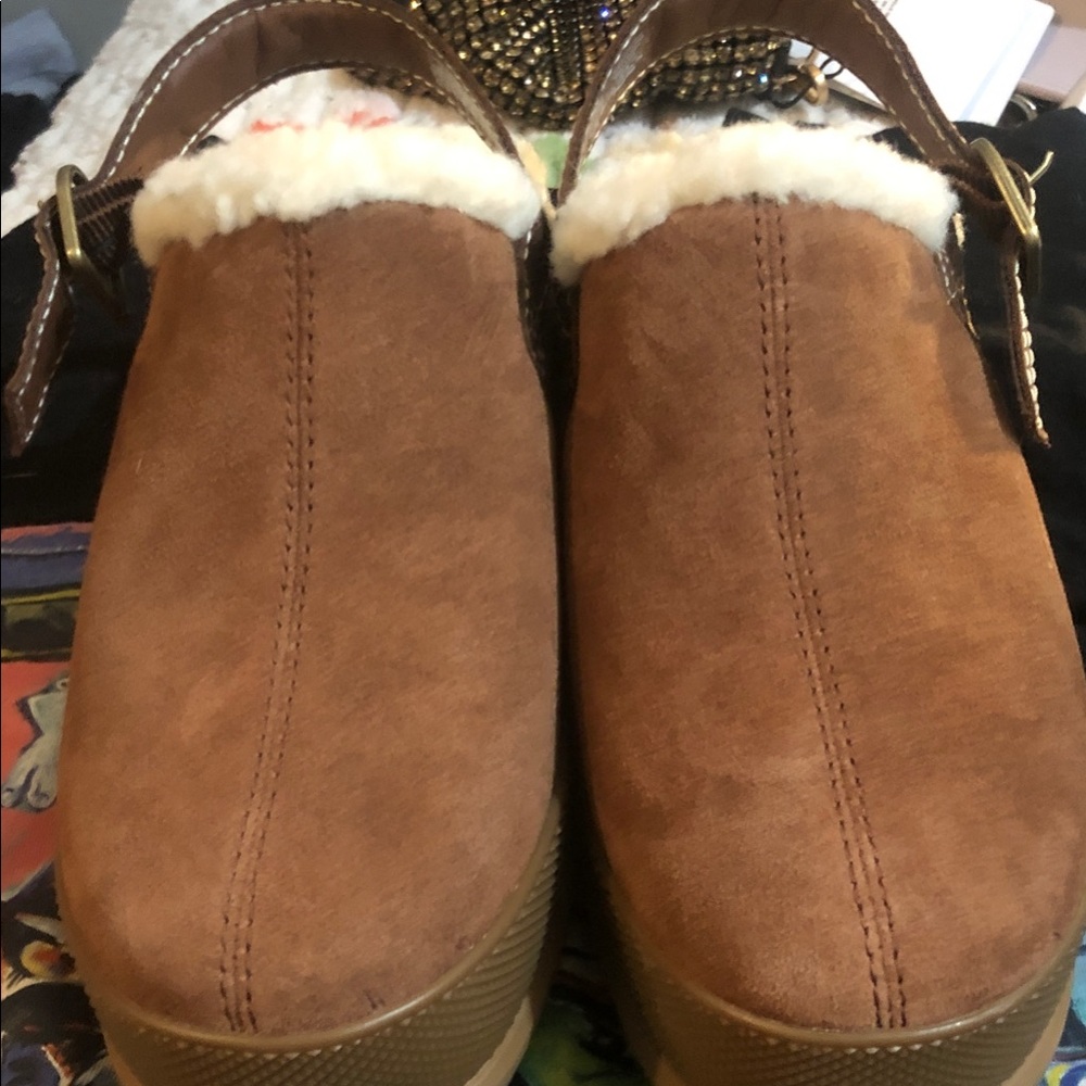 Sorel Brown Faux-Suede Shearling-Trim Slip-On Clogs